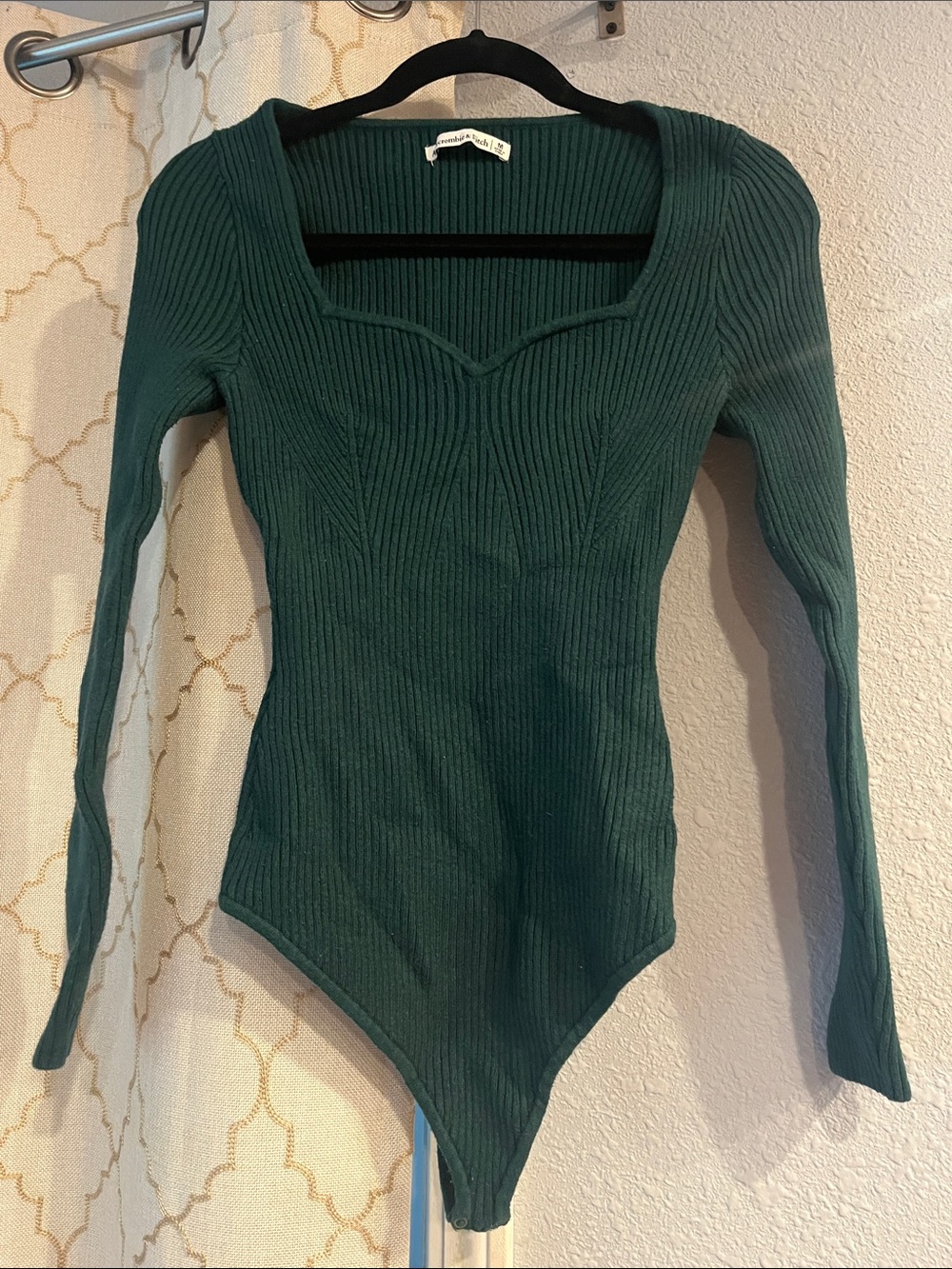 Abercrombie & Fitch Forest Green Ribbed Square-Neck Long Sleeve Bodysuit